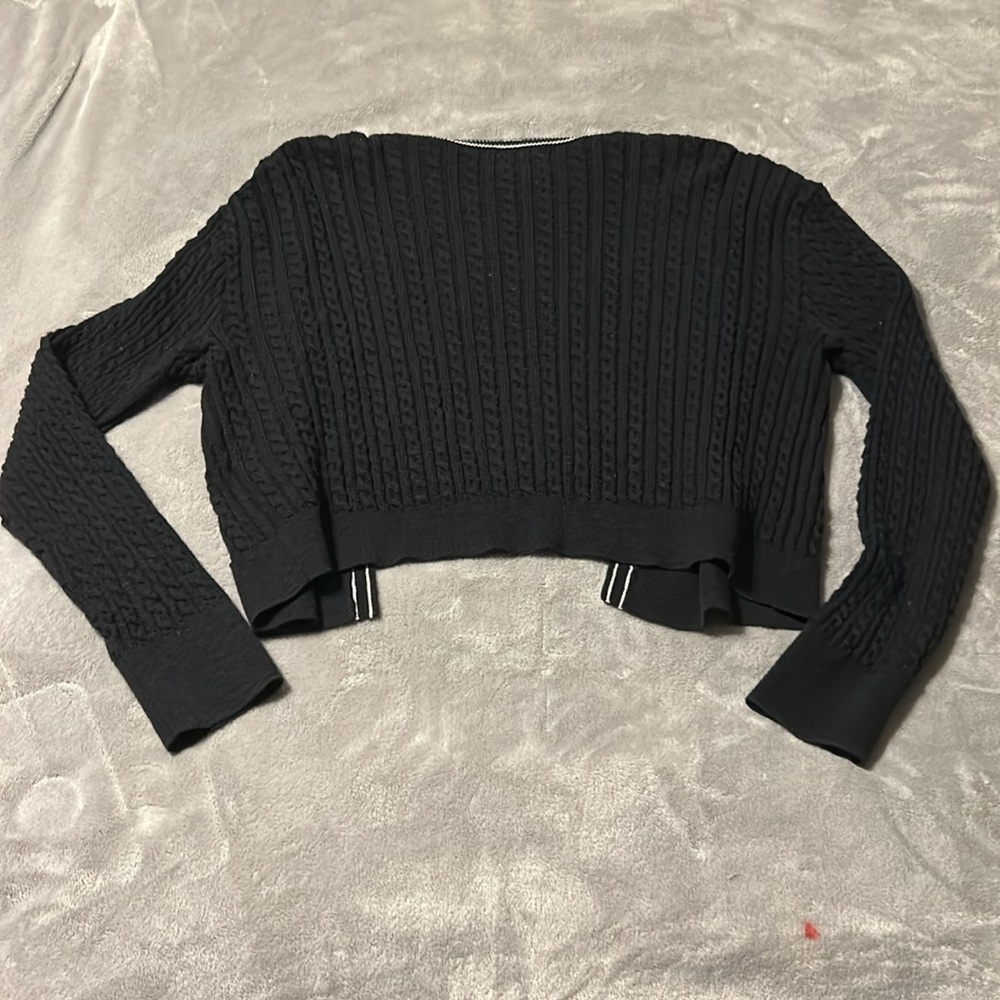 J.Crew Cropped Cable Knit Cardigan Tipped Black with h White Trim Sweater - Picture 8 of 10